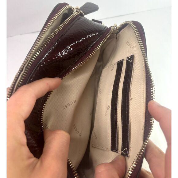 Guess Noelle Shiny Leather Women Shoulder Hand Bag Merlot Burgundy Silver Chain - Picture 10 of 13